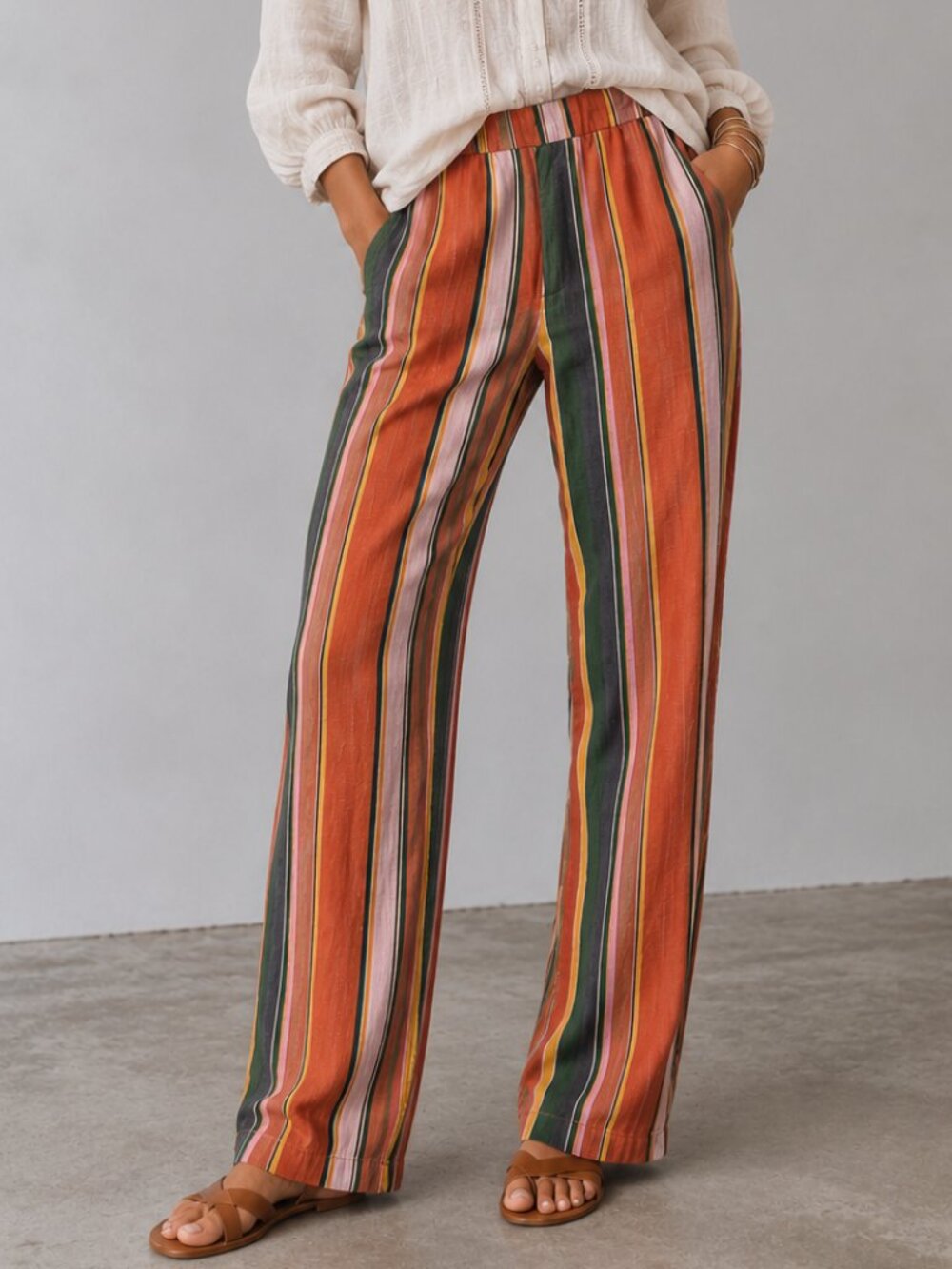 FREE PEOPLE La Paz Striped Straight Leg Pants Orange Green Boho Retro Casual 2